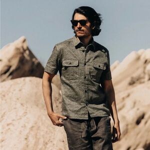 3522 Taylor Stitch Short Sleeve Officer Shirt Static Camo Double Cloth Sz 44 XL